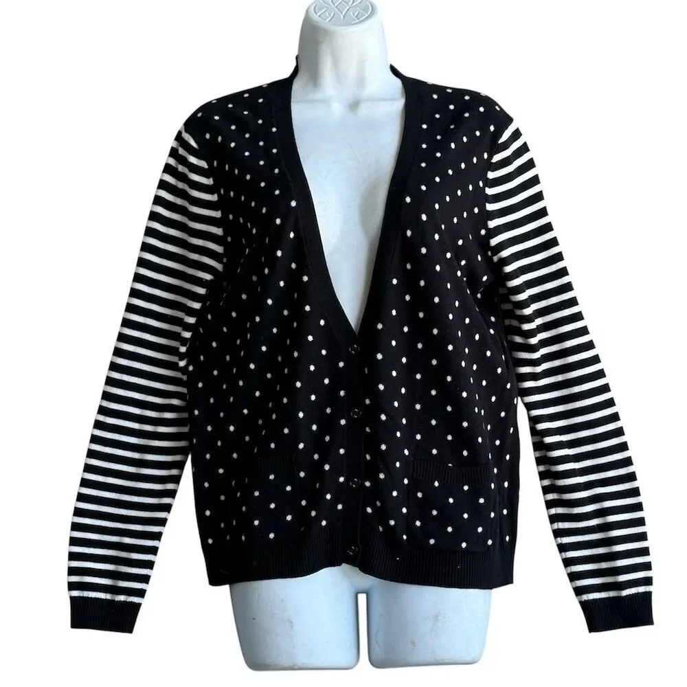 Vince Camuto Polka Dot Stripe Cardigan Sweater Women's M Black Preppy Academia